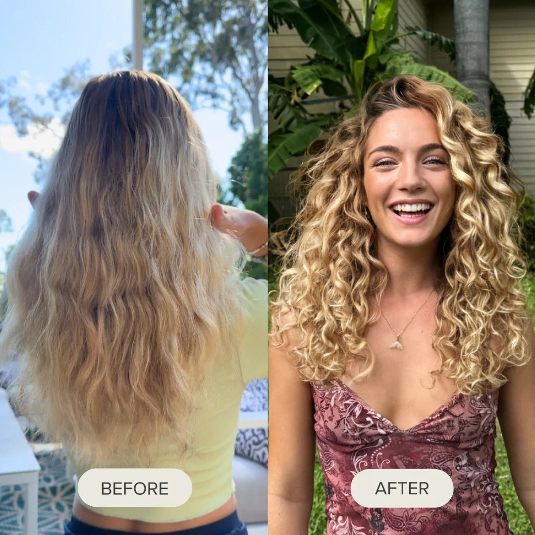 Before and after — frizzy, straightened-flat hair becomes soft defined waves